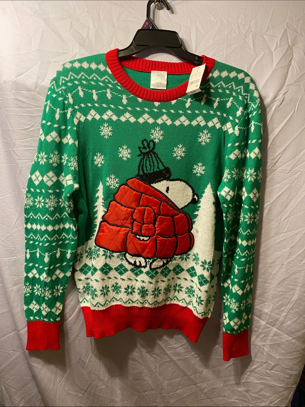 Peanuts Green Crewneck Sweater with Red Snoopy Graphic